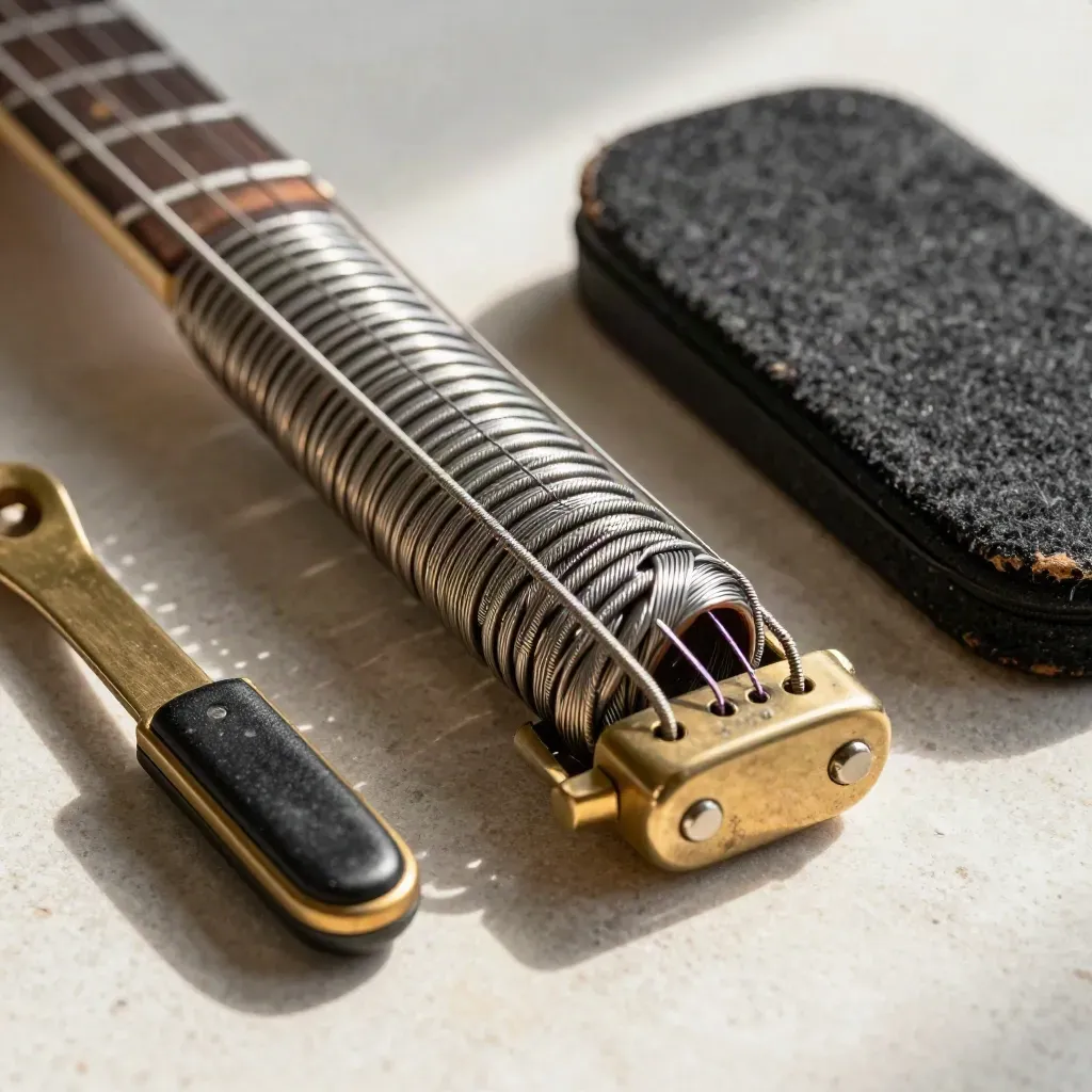 Macro still life of guitar strings, brass slide, capo and pick case on pale stone.