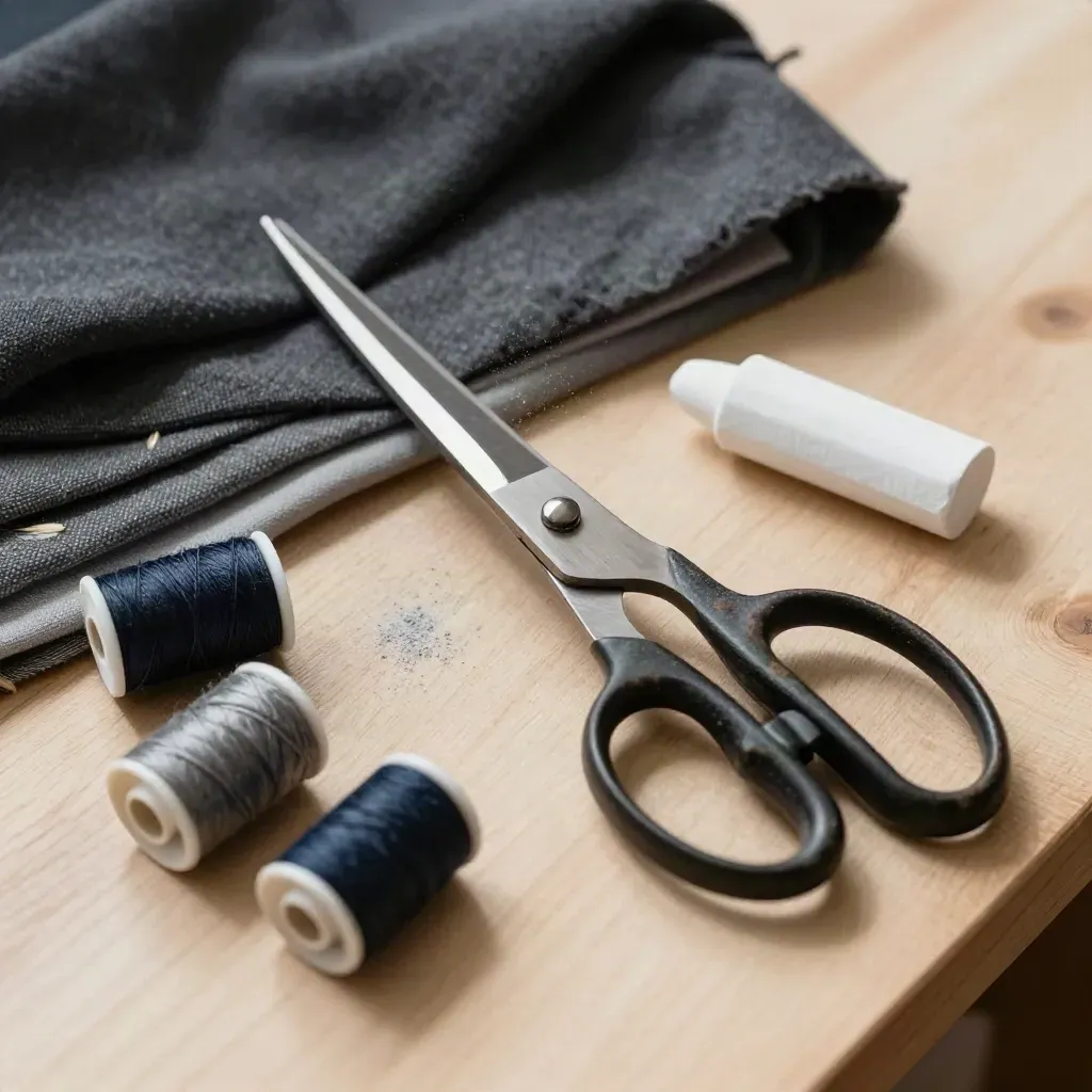 Tailoring shears, bobbins, fabric swatches, and chalk wheel on pale wood in soft light.
