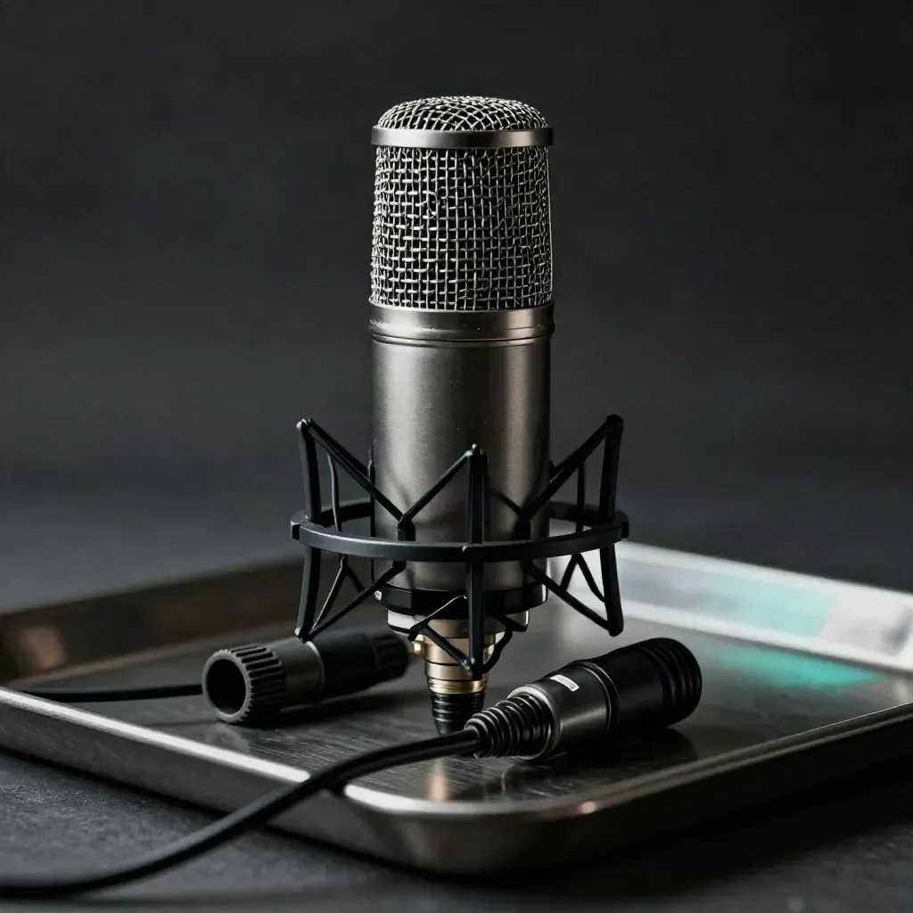 Microphone capsule, pop-filter ring, and cable ends on a dark metal tray in dramatic studio light.