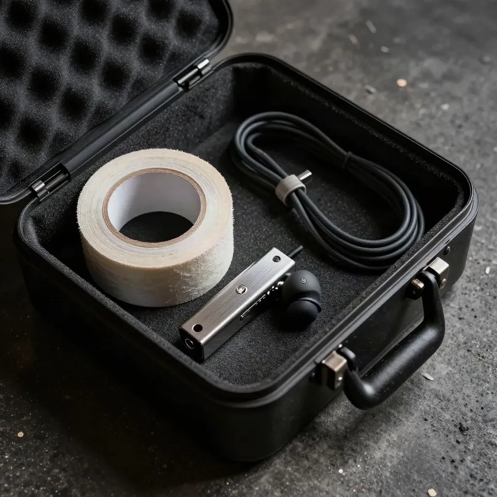 In-ear monitor case, gaffer tape roll, splitter, and cable tie on charcoal concrete.