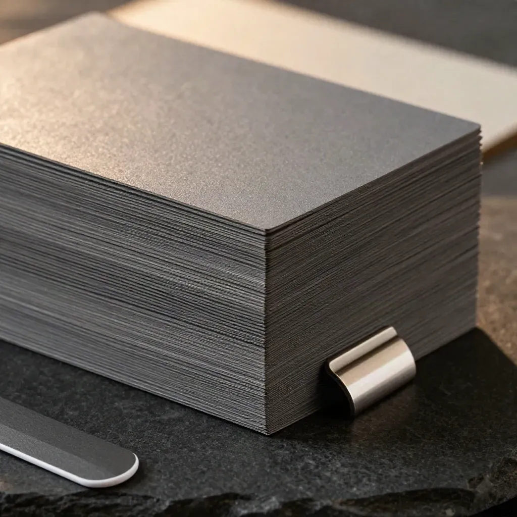 Macro still life of blank matte cards on a slim metal stand with a polished tab on dark stone.