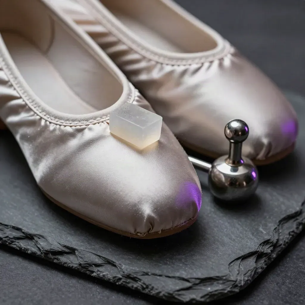 Satin tap shoes, rosin block and practice weight on slate, lit in close-up.