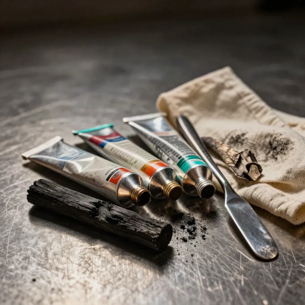 Charcoal sticks, pigment tubes, palette knife and rag on brushed aluminum with cyan glint