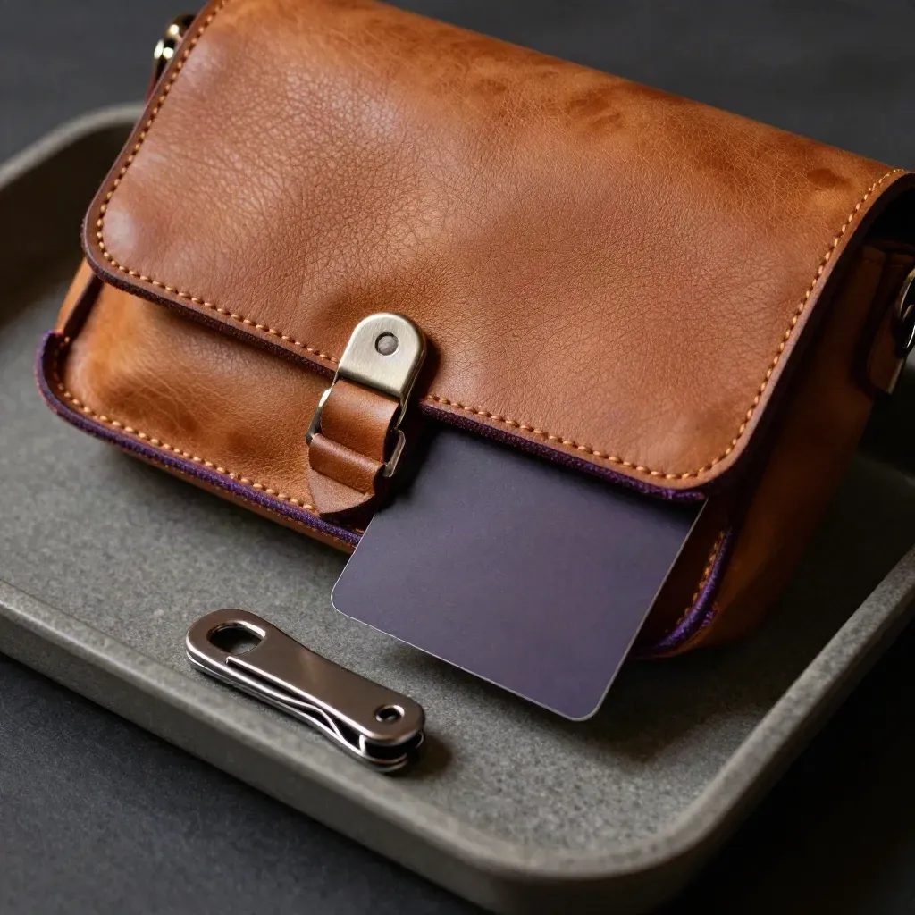 Leather pouch, blank card, and cable clip on a graphite tray in a close macro.