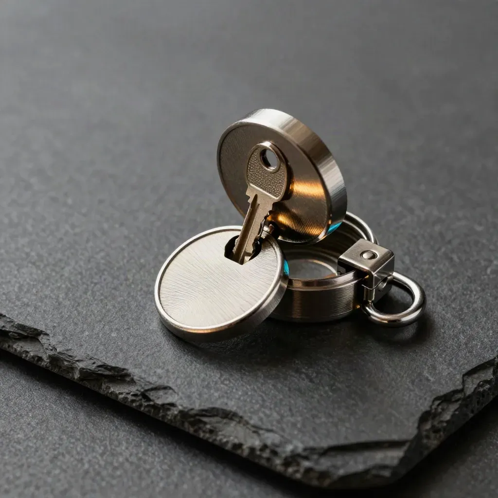 Brushed-metal membership tokens in an open lockbox beside a small padlock on dark stone.