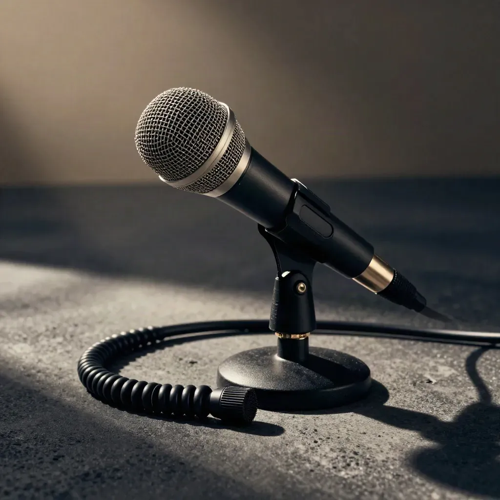 Broadcast microphone in shock mount with boom clamp, cable coil and dimmer knob on black concrete.