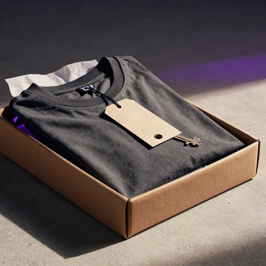 Half-open kraft parcel reveals a folded tee, tissue paper, and blank hangtag on concrete.