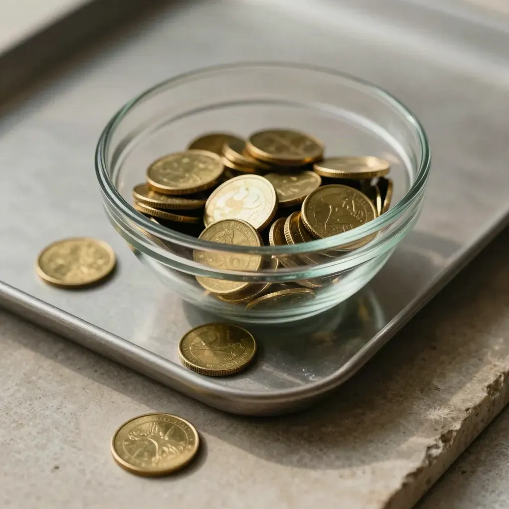 Glass tip bowl with brass coins spilling onto a polished tray on pale stone