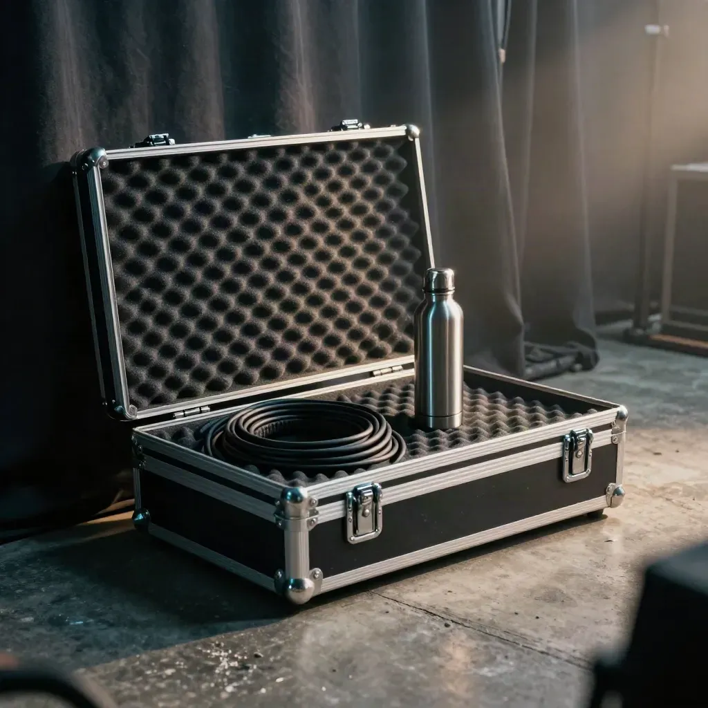 Scuffed flight case, in-ear monitor case, cable, and bottle beside a stage curtain on a hazy backstage floor.