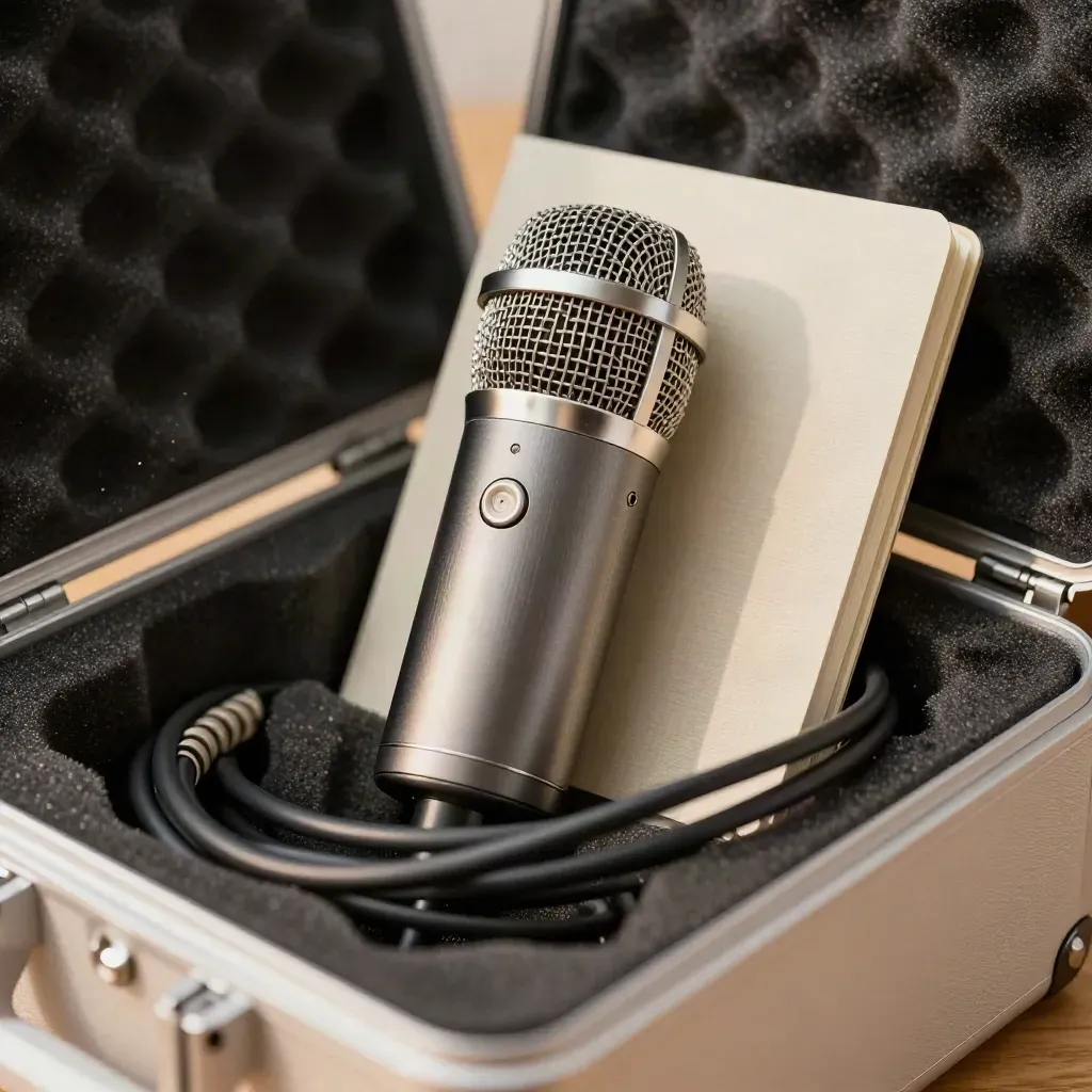 Mic, closed notebook and coiled cable packed in a hard case, viewed through a blurred cable arc.
