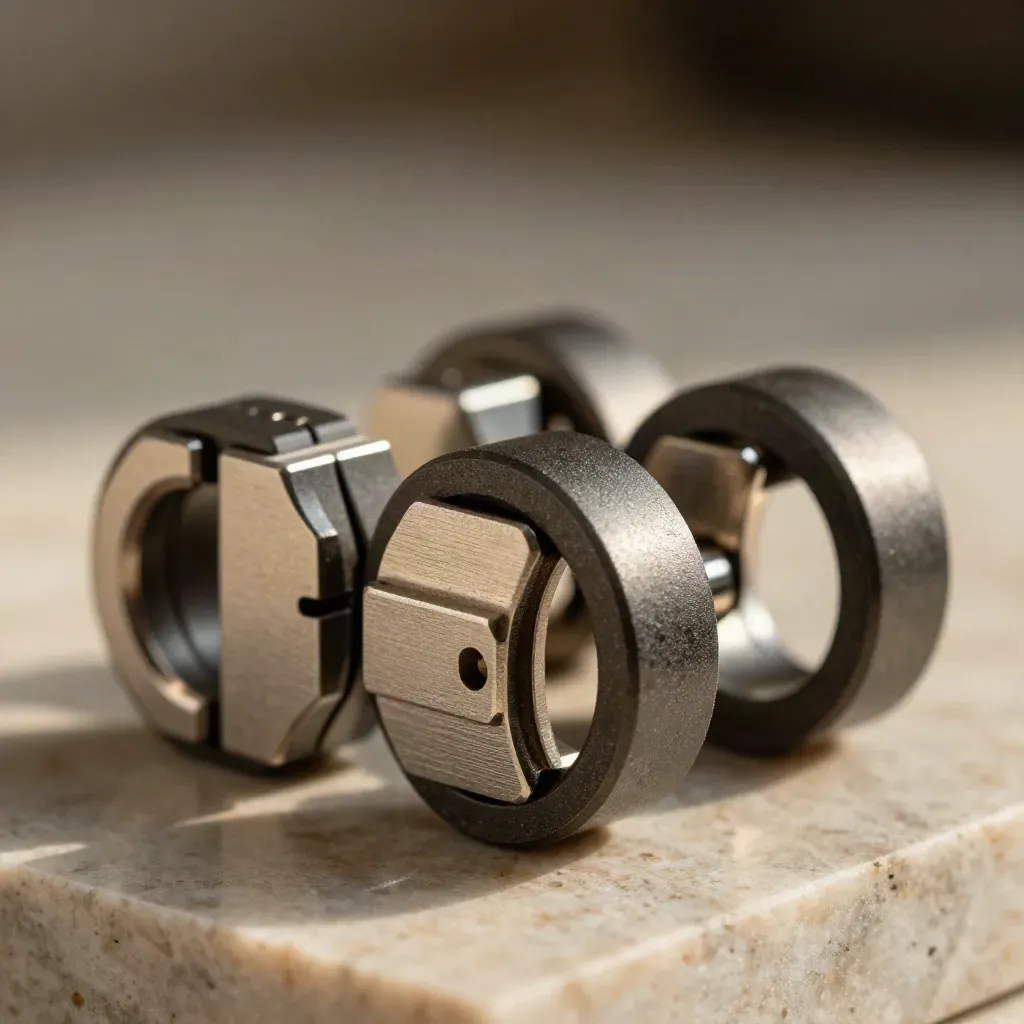 Graphite rings and modular connectors form a premium integration cluster on stone.