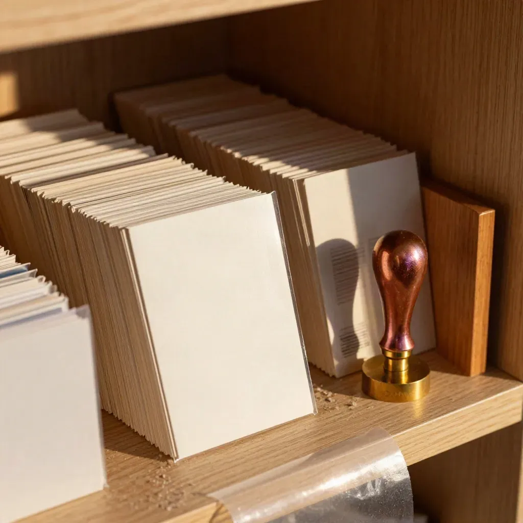 Mailers, blank cards, brass stamp and shelf divider on a warm oak packing ledge.
