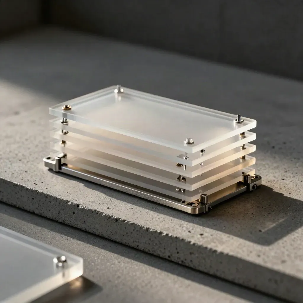 Translucent acrylic modular parts and alignment pins on a graphite concrete surface.