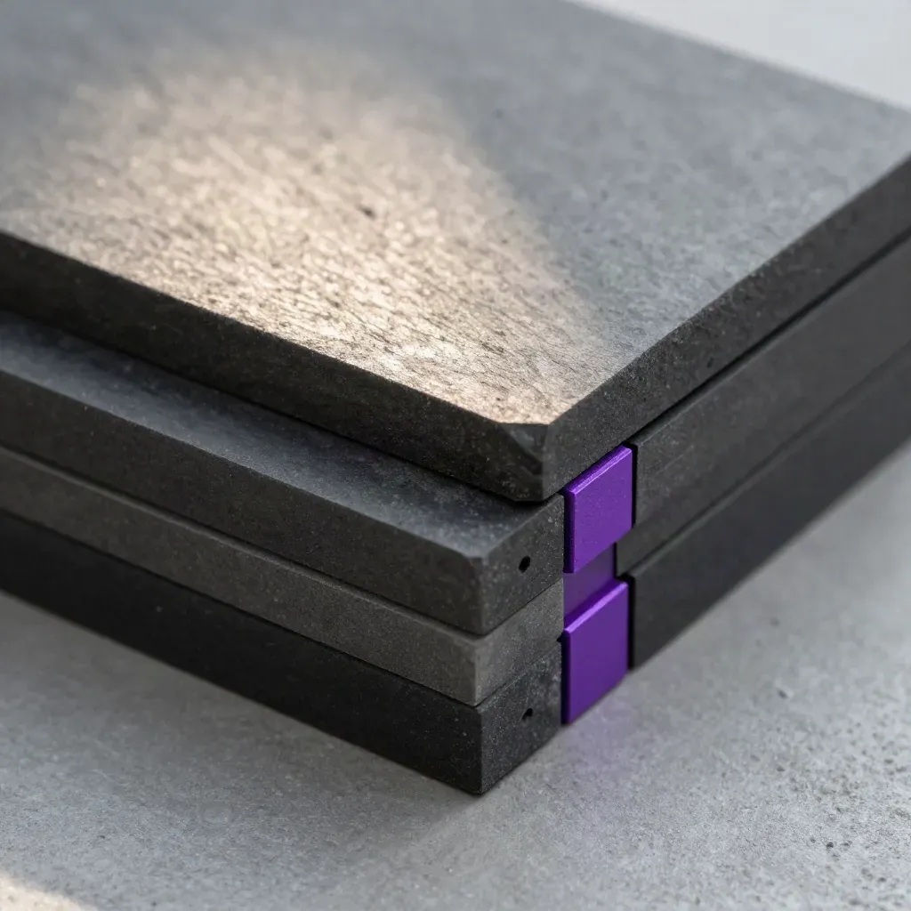 Graphite modular blocks with a purple spacer nested on concrete in a close-up workflow still life.