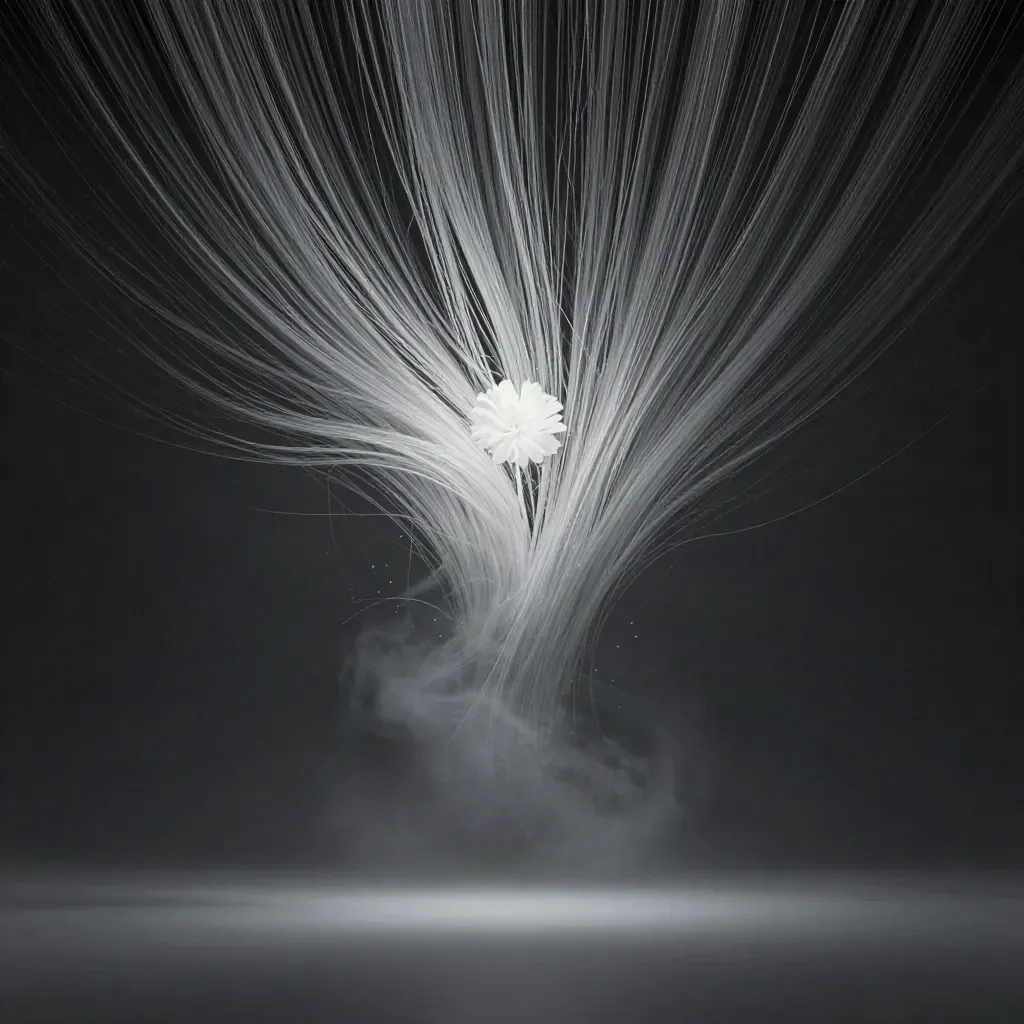Silver filaments in graphite haze converging to a soft white bloom, lower third open for copy.